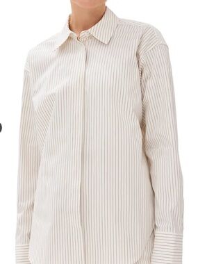 Good American Cream Shirt with Taupe Pinstripes